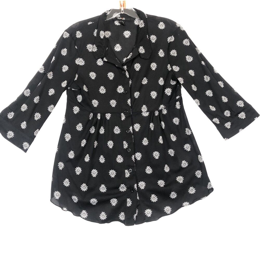 Style & Co Women's Petite Blouse Top Size PM Black Paisley Print Roll-Tab Sleeve